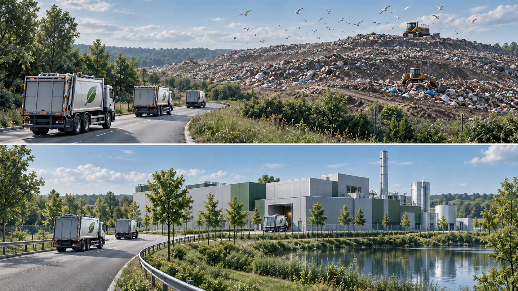 Waste collection vehicles en route to a landfill and to a modern recovery plant